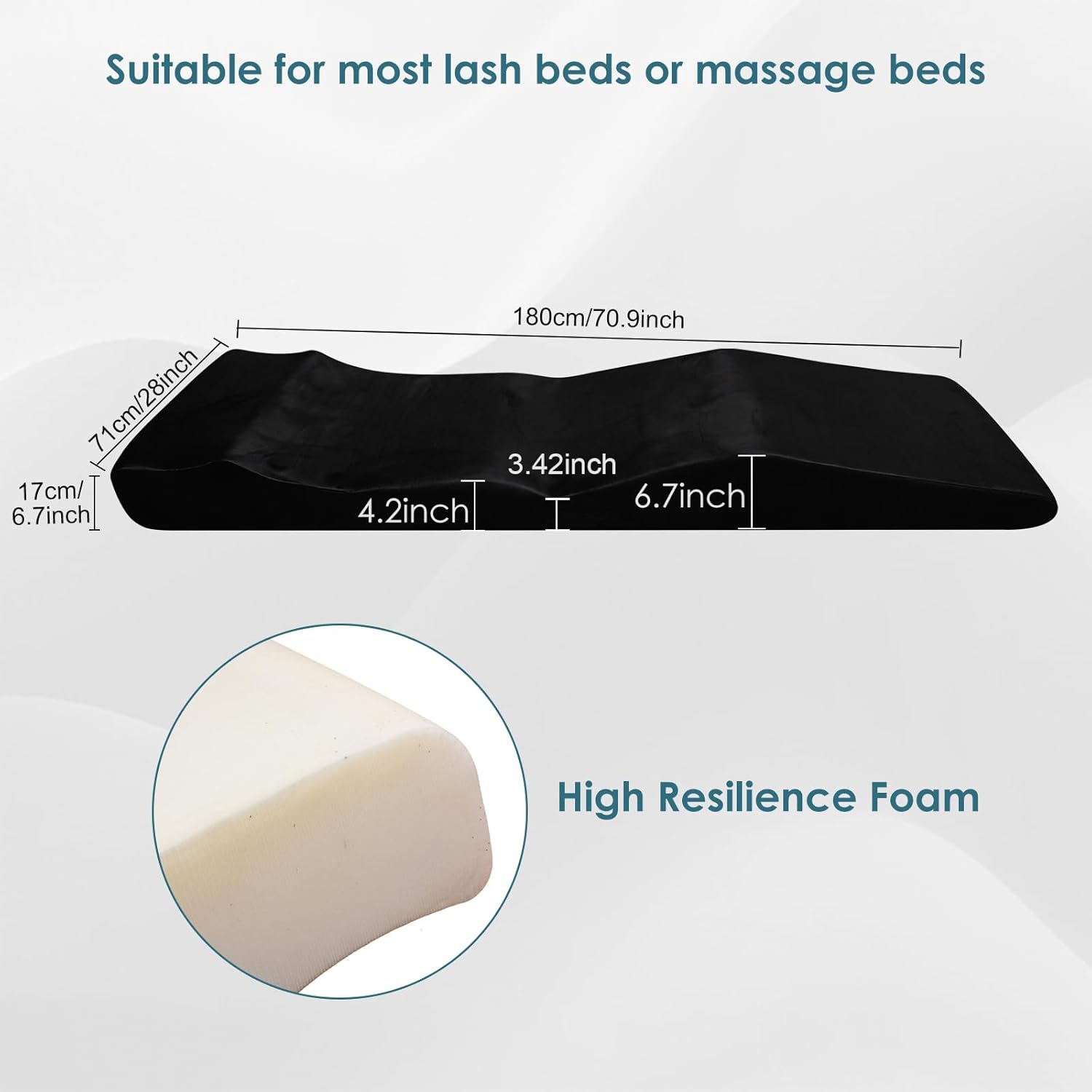Lash Bed Topper, Ergonomic Curvy Massage Bed Topper Esthetician Bed Cushion, Non-Slip Spa Table Memory Foam Pad with Removable Cover, Ideal for Facials, Eyelash & Beauty Salon, 71"×28" Black