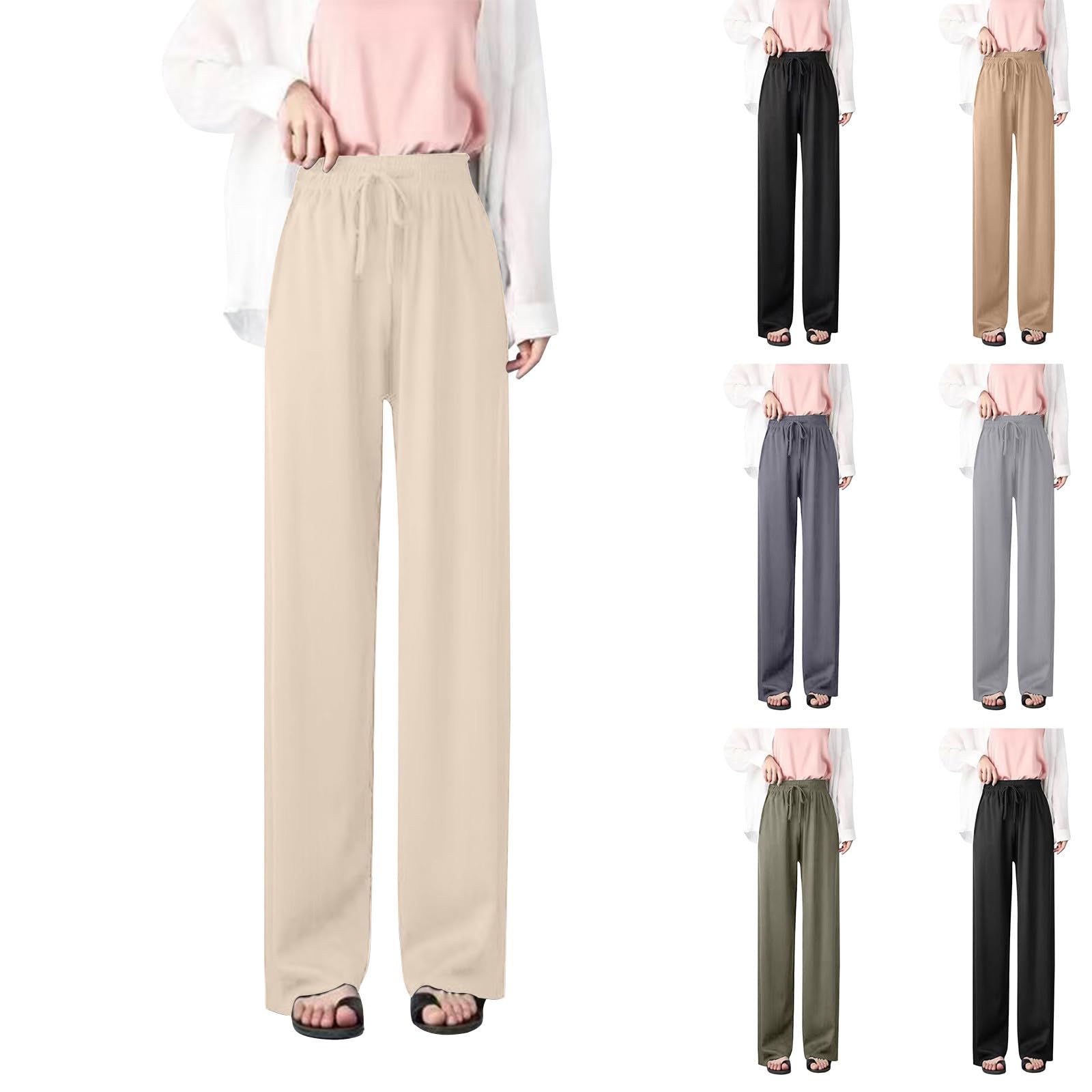 Ice Silk Pants for Women Summer Casual Solid Color Elastic Waist Straight Leg Pant Loose Cozy High Rise