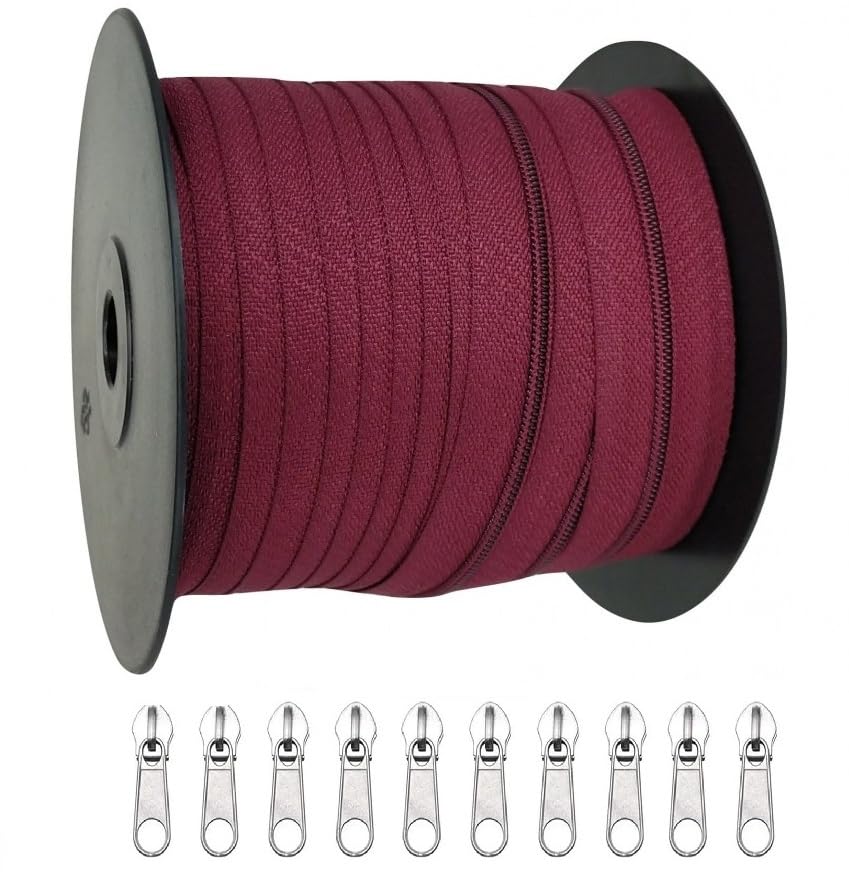 Image of Zipper Roll (Number : 5) 5 Meter with 10 Zip Puller - Two Way Open-Ended Nylon Zipper (Maroon, 5 Meter)