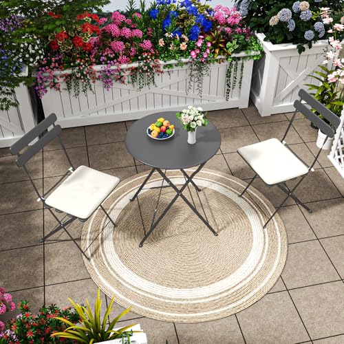 3-Piece Patio Bistro Set Outdoor Furniture Set Folding Bistro Table and Chairs with Premium Steel Frame Weather Resistant Conversation Set for Bistro Balcony Porch Yard Garden(grey with cushion)