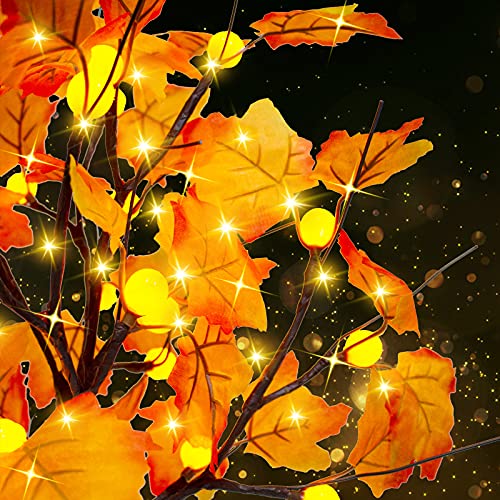 24-Inch Fall Lighted Maple Tree, 24 Led Pumpkin Lights, Halloween Thanksgiving Decorations Table Tree, Battery Operated Desktop Artificial Tree For Autumn Harvest Wedding Home Party Gift Indoor Decor #TOP3