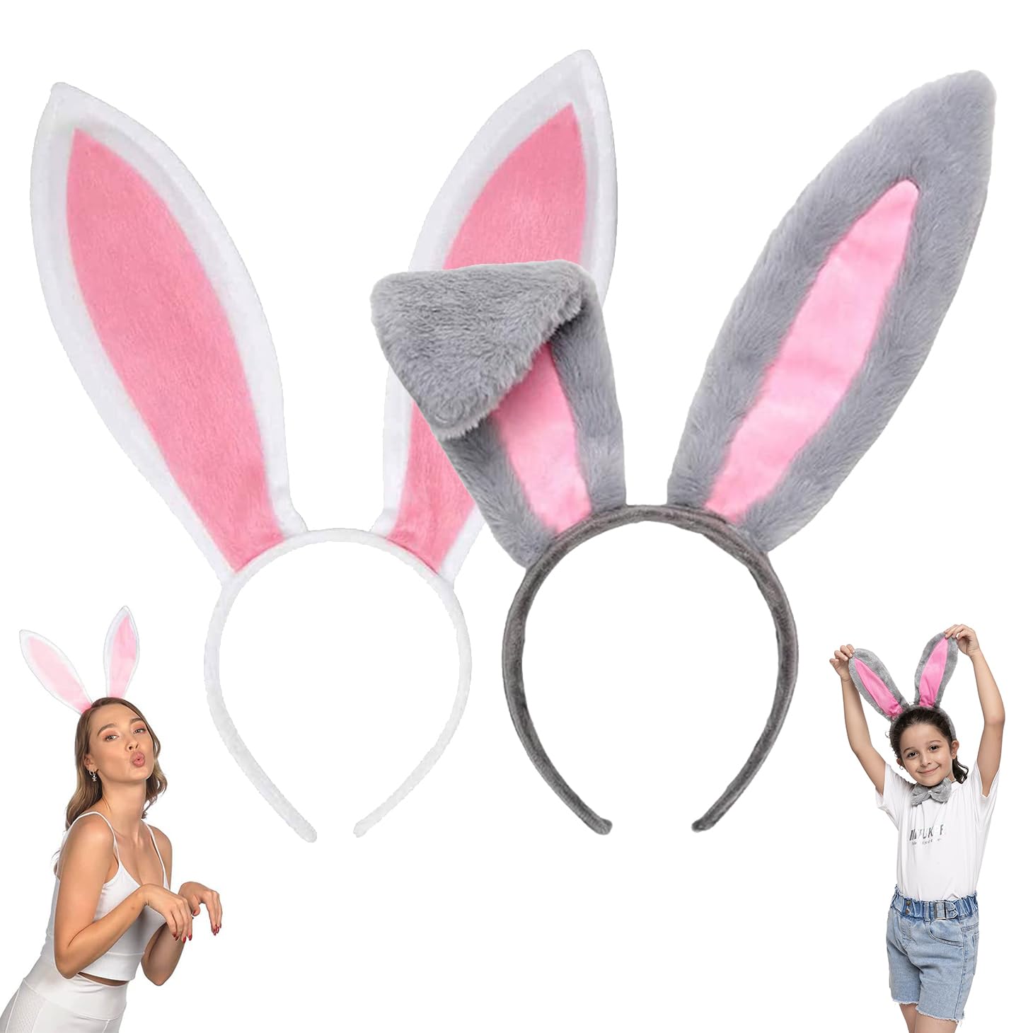 Hystyfu 2 Pack Bunny Ears Headband - Plush Party Rabbit Ears - Bunny Hair Hoop For Easter Halloween Party Supplies Cosplay Costume Accessories for Kids and Adults Birthday Decoration