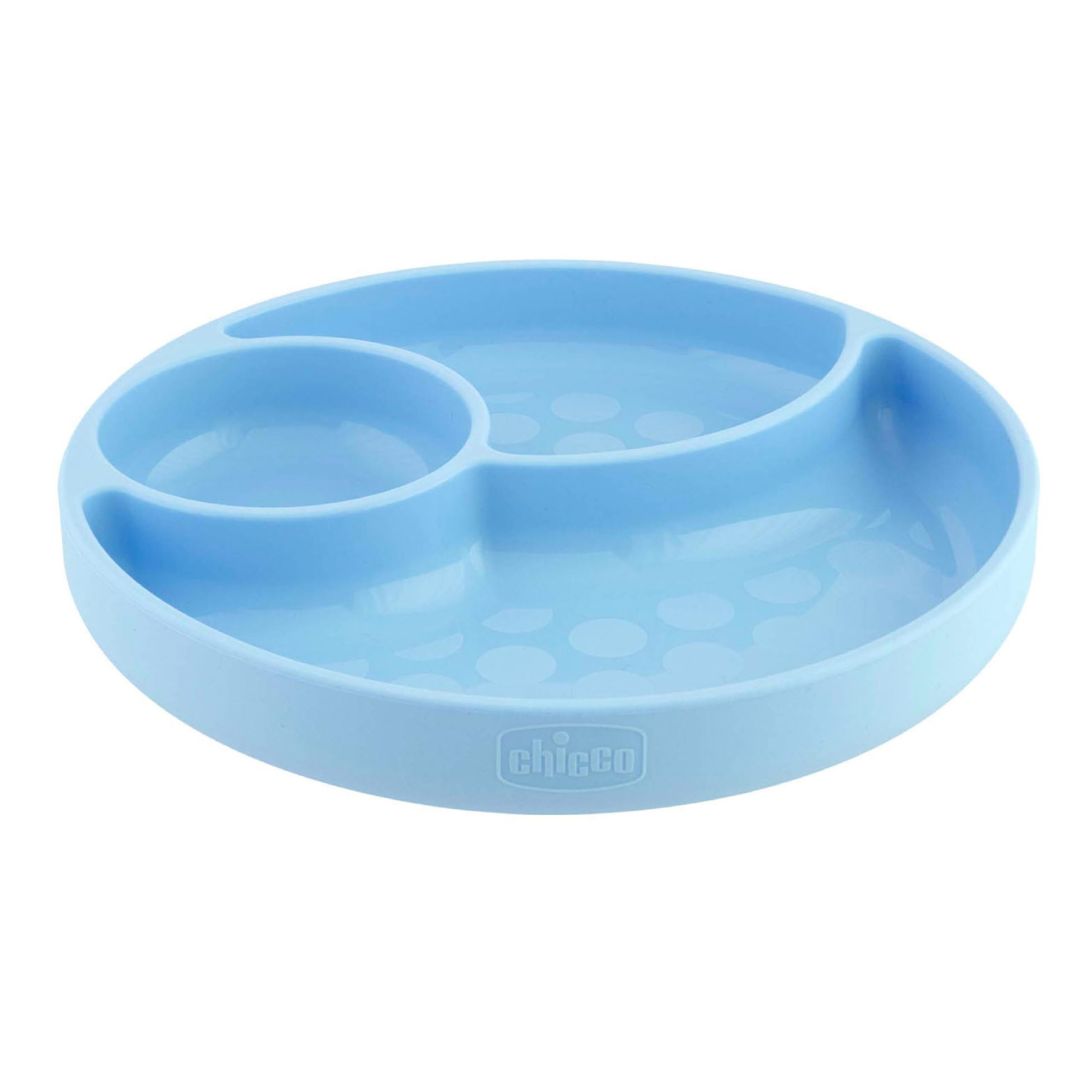 Chicco Piatto con Ventosa per Bebè e Bambini, Piatto Pappa in Silicone a Scomparti con 3 Aree, Morbido e Resistente, Lavabile in Lavastoviglie, Adatto per il Microonde, Senza BPA - 12+ Mesi, Azzurro