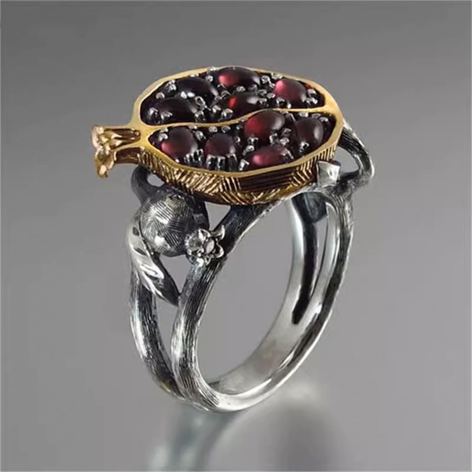 XDHLDULYK Garnet Ring, Tree Vine Black Gold Statement Ring Ruby Engagement Rings for Wife Girlfriend, Pomegranate Shaped Birthstone Ring Silver Ring Jewelry Gift for Women, Handmade Anniversary Ring
