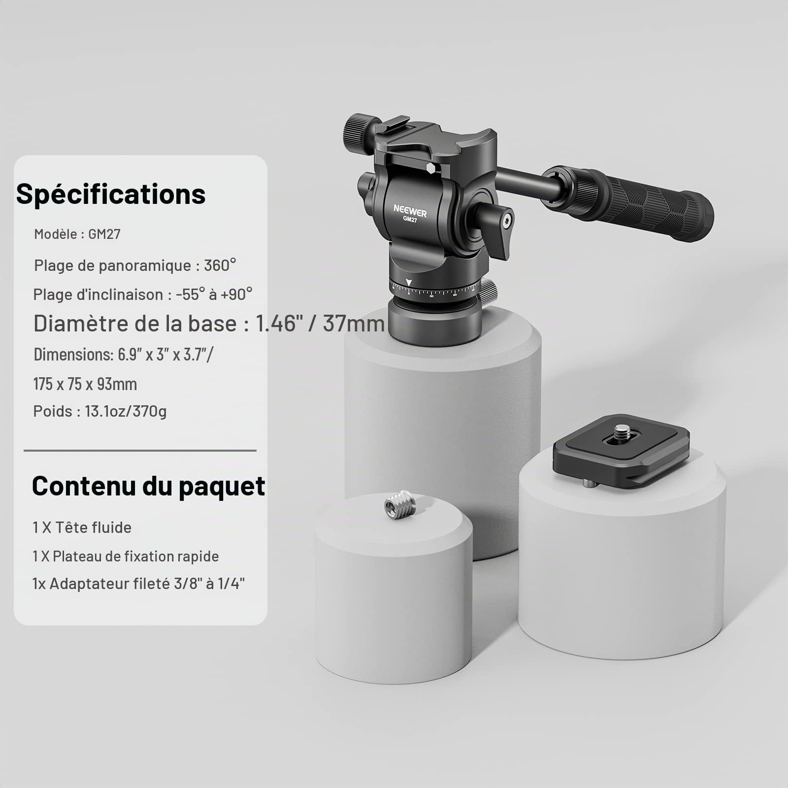 NEEWER GM27 Tête Fluide pour Trépied Vidéo avec Base de Nivellement +/-10° 37 mm, Plaque à Dégagement Rapide Type Arca, Poignée Télescopique