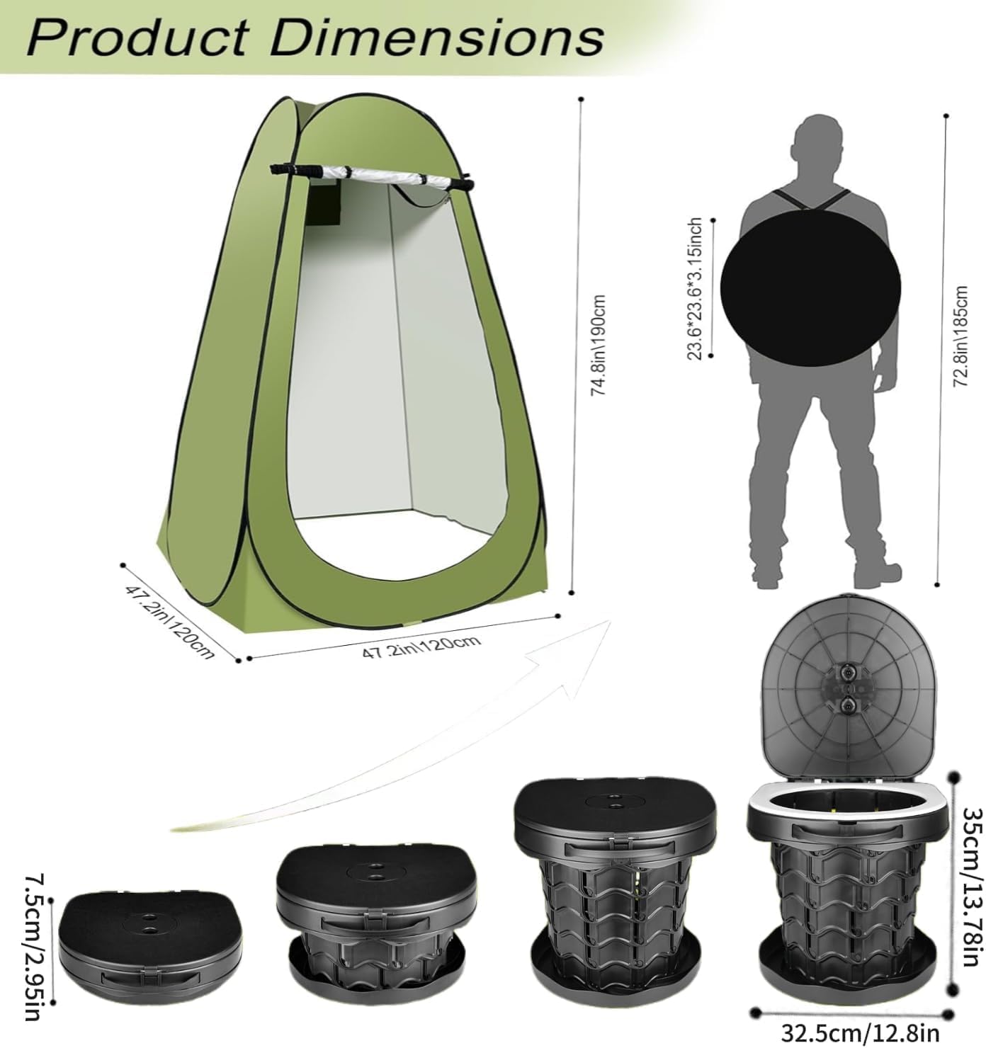 Portable Toilet Kit, Portable Camping Toilet with Pop-Up Privacy Tent with 12 Toilet Bags, Tents Washable Outdoor Showers Changing Rooms (Black+Tent)