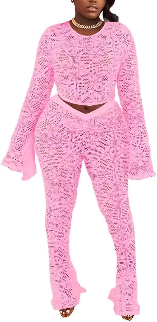 Kafiloe Women Sexy 2 Piece Outfits Clubwear Mesh Hollow Out Long Sleeve Crop Top Flare Pants Set Birthday Outfits - Image 4
