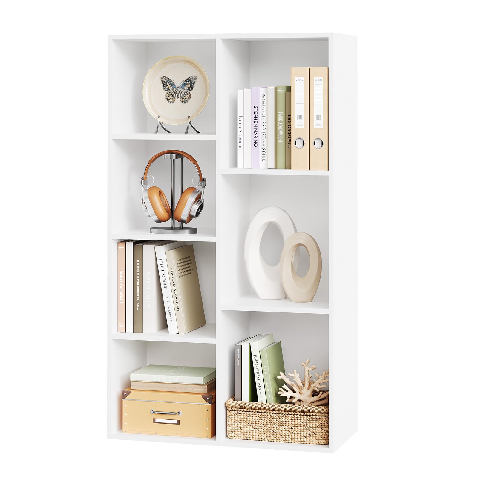 WOLTU 4-Tier Wooden Bookcase Book Display Shelves Storage Cloth Organizer Cube Shelves,7 Cubes,White Rack for Office,Living Room,Bedroom,Study Room Shelves