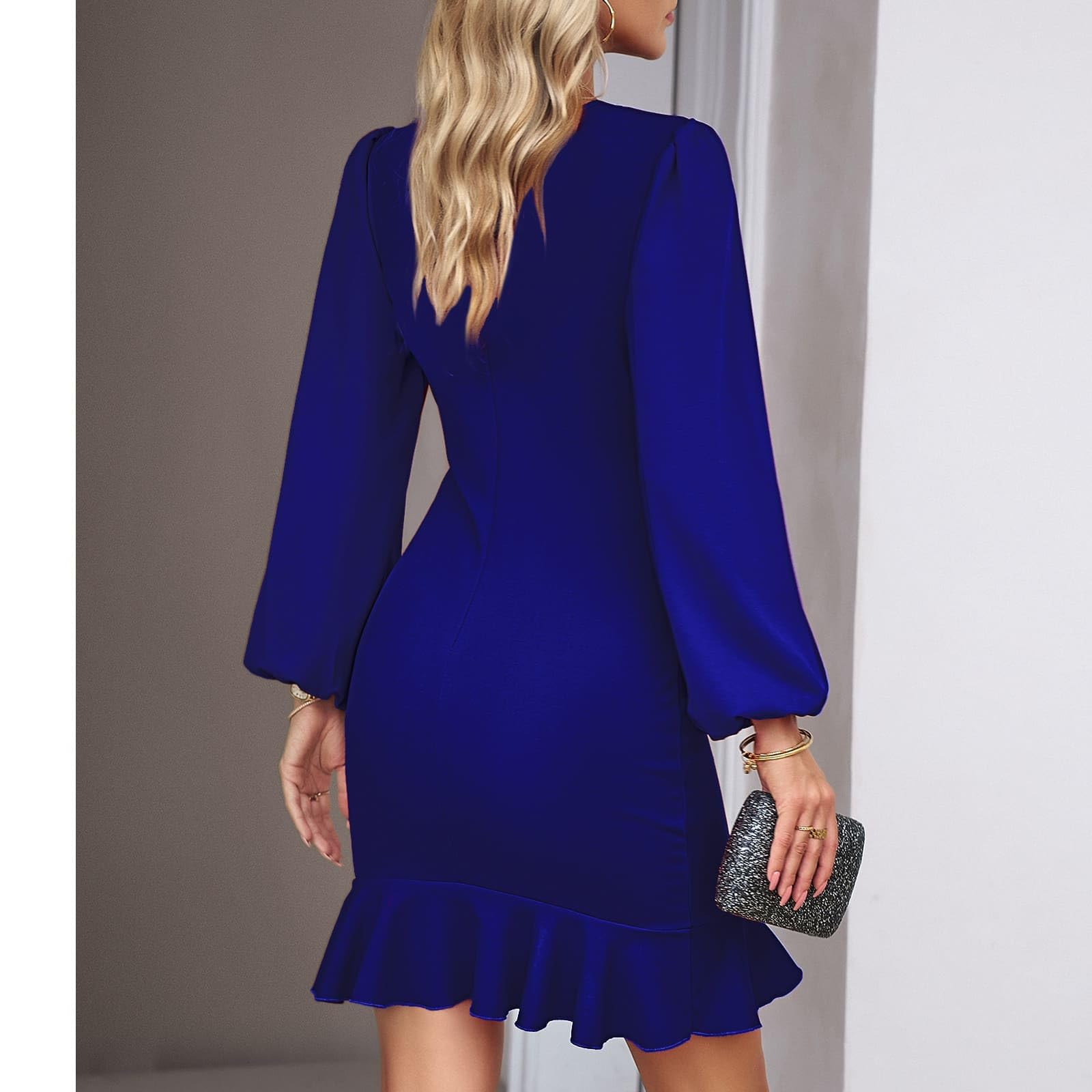 TcIFE Vestido Mujer de Cóctel Manga Larga Cuello Redondo Vestido de Ruched Volante Dobladillo Bodycon Mini Vestidos para Fiesta Invitada Bodas Noche