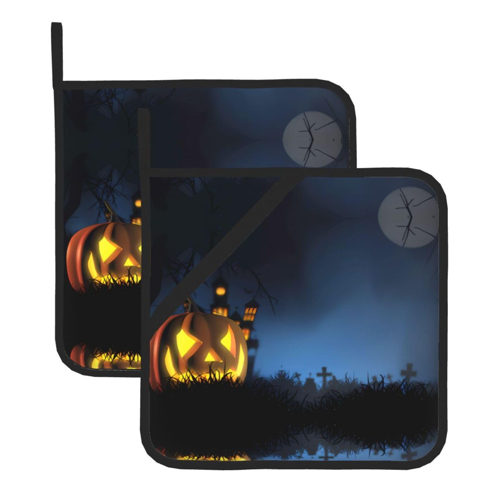 WHJDPP Halloween Pumpkin Prints Square Hot Pads for Kitchen - Waterproof Pot Holders Set of 2, Durable Trivets with Pocket & Hanging Loop for Hot Dishes & Oven Use