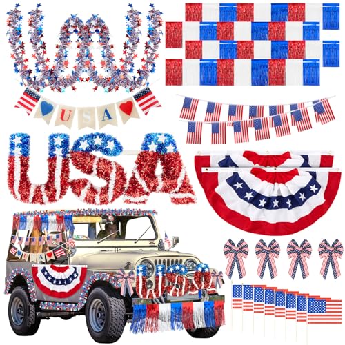 Moucuny 25 Pcs 250th 4th of July Car Parade Decorations Kit Metal Wire Garland Fringe Garlands American Flags Fan Shaped Hanging Flag Banner Bows and USA Tinsel Wreath for Independence Day Car Parade