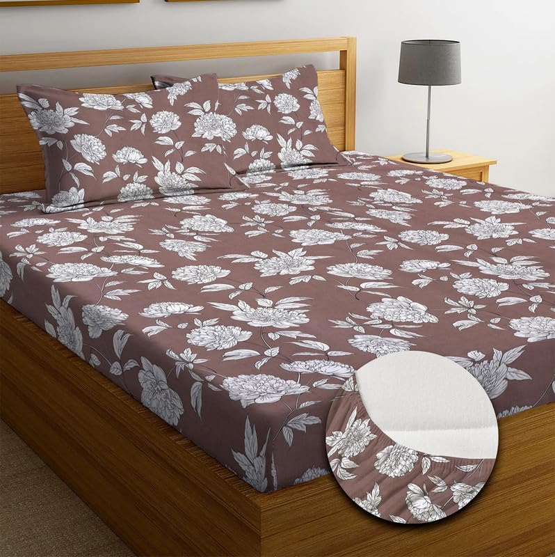 Image of Blue Strip Polycotton Fitted Bedsheet, King 72x78 (Brown White Flower) | 300 TC | All-Round Elastic Grip | Soft, Breathable & Colourfast | Wrinkle Resistant | Machine Washable