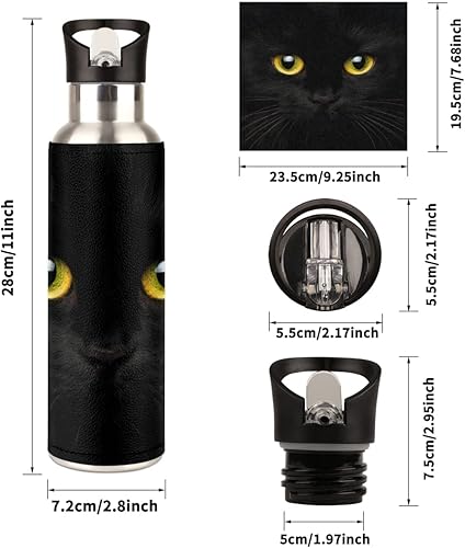Miniatura 2 de Botella de agua aislada de acero inoxidable con popote de 20 onzas, lindo animal negro, gatos, botellas de agua deportivas, sin BPA, a prueba de