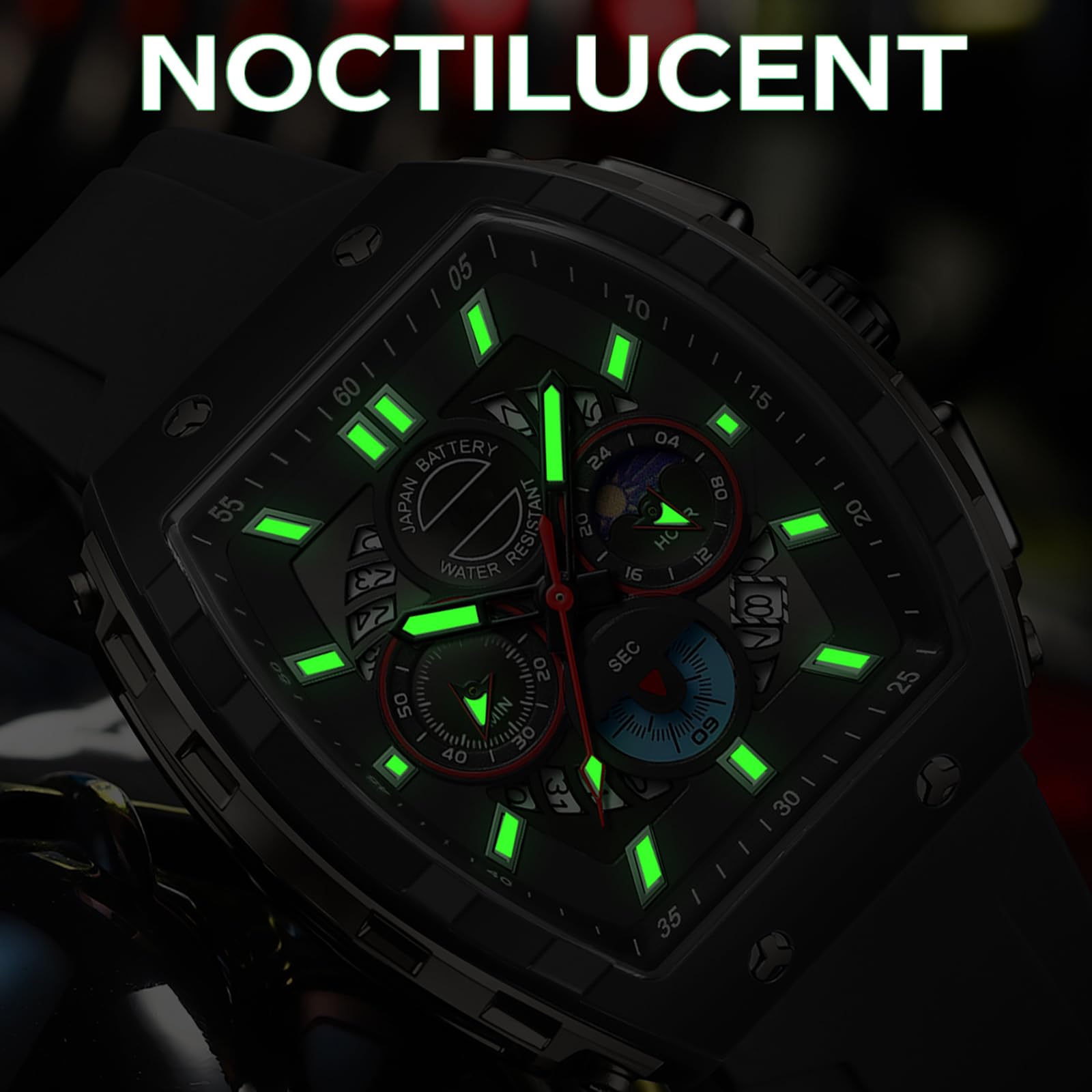 Armbanduhr, großes Display, rechteckig, für Herren, Militär, Taktik, Sport, Analog, Quarz, großes Zifferblatt, 5 ATM, Alarm, Hintergrundbeleuchtung, wasserdicht, Armband atmungsaktiv und komfortabel