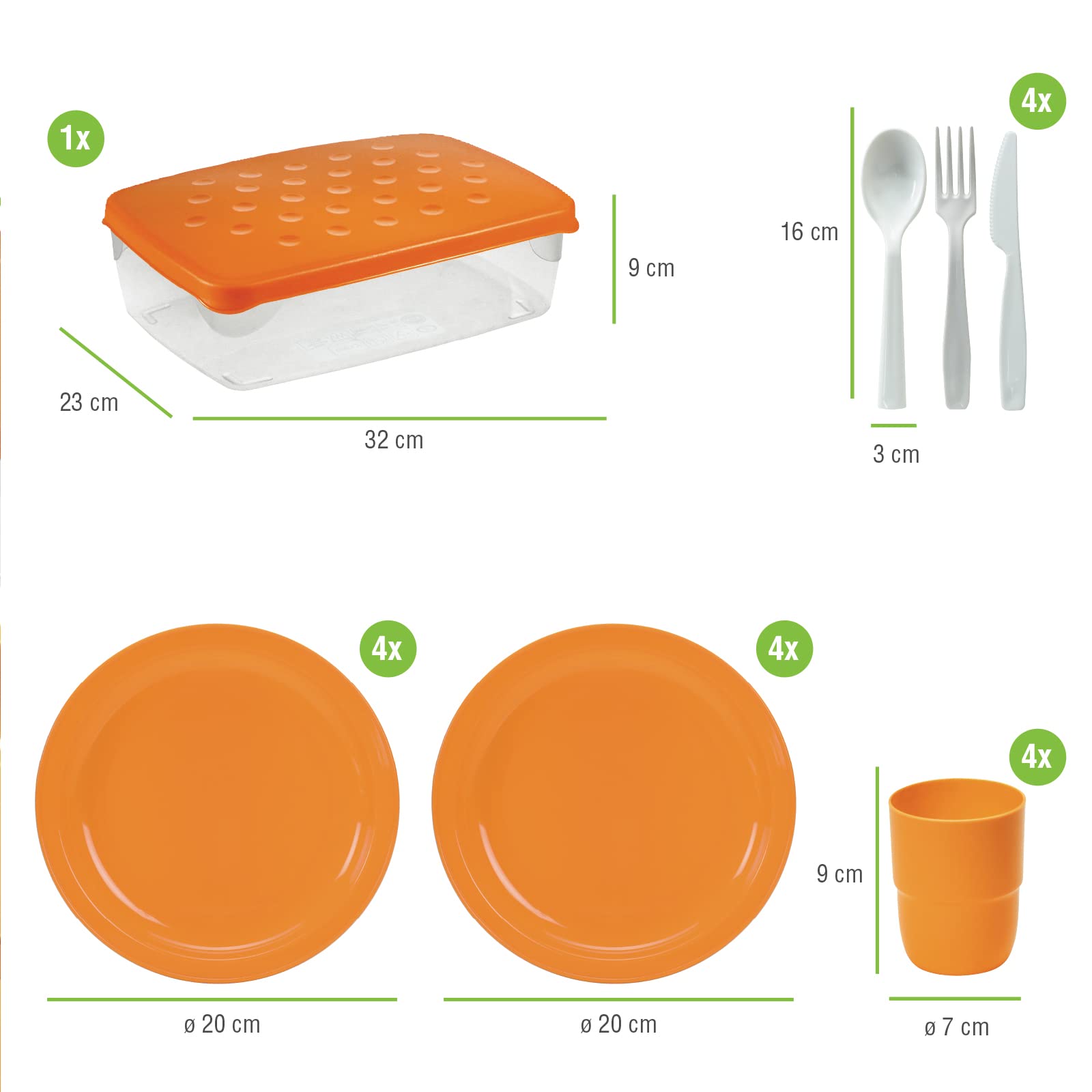 Cosmoplast Set picnic stoviglie per 4 persone - 25 pezzi - riutilizzabile, infrangibile - Campeggio e Feste - 100% Made in Italy - 0% BPA