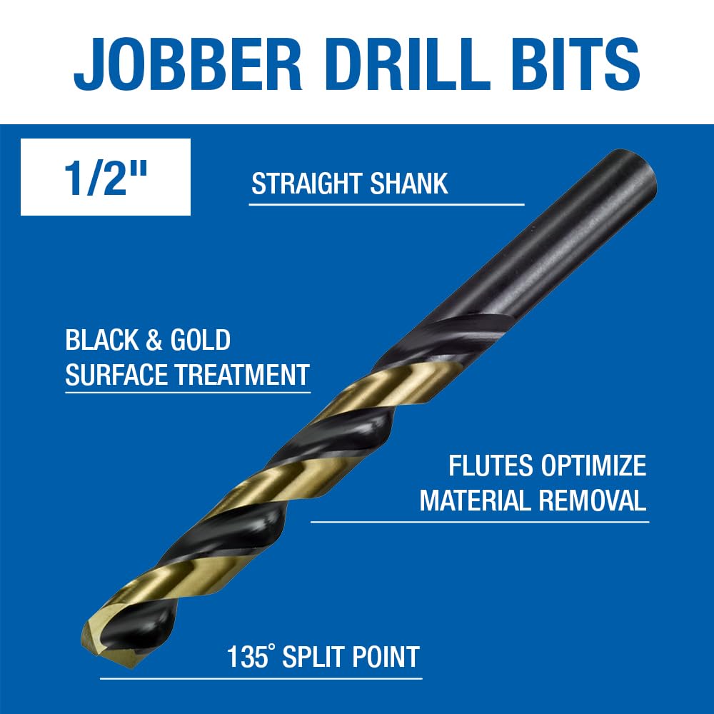Champion Herramienta de corte Heavy Duty BlackGold Jobber brocas, 135 grados Split Point: XGO-1/16 (12 piezas por paquete) – Fabricado en Estados Unidos, XGO-1/2