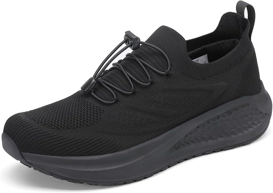 VikoViren Men's Non Slip Work Shoes Easy Slip on Chef Shoes with Shock-Absorbing Cushioning Water-Resistant & Lightweight Black Sneakers for Kitchen Restaurant Food Service Zapatos Trabajo