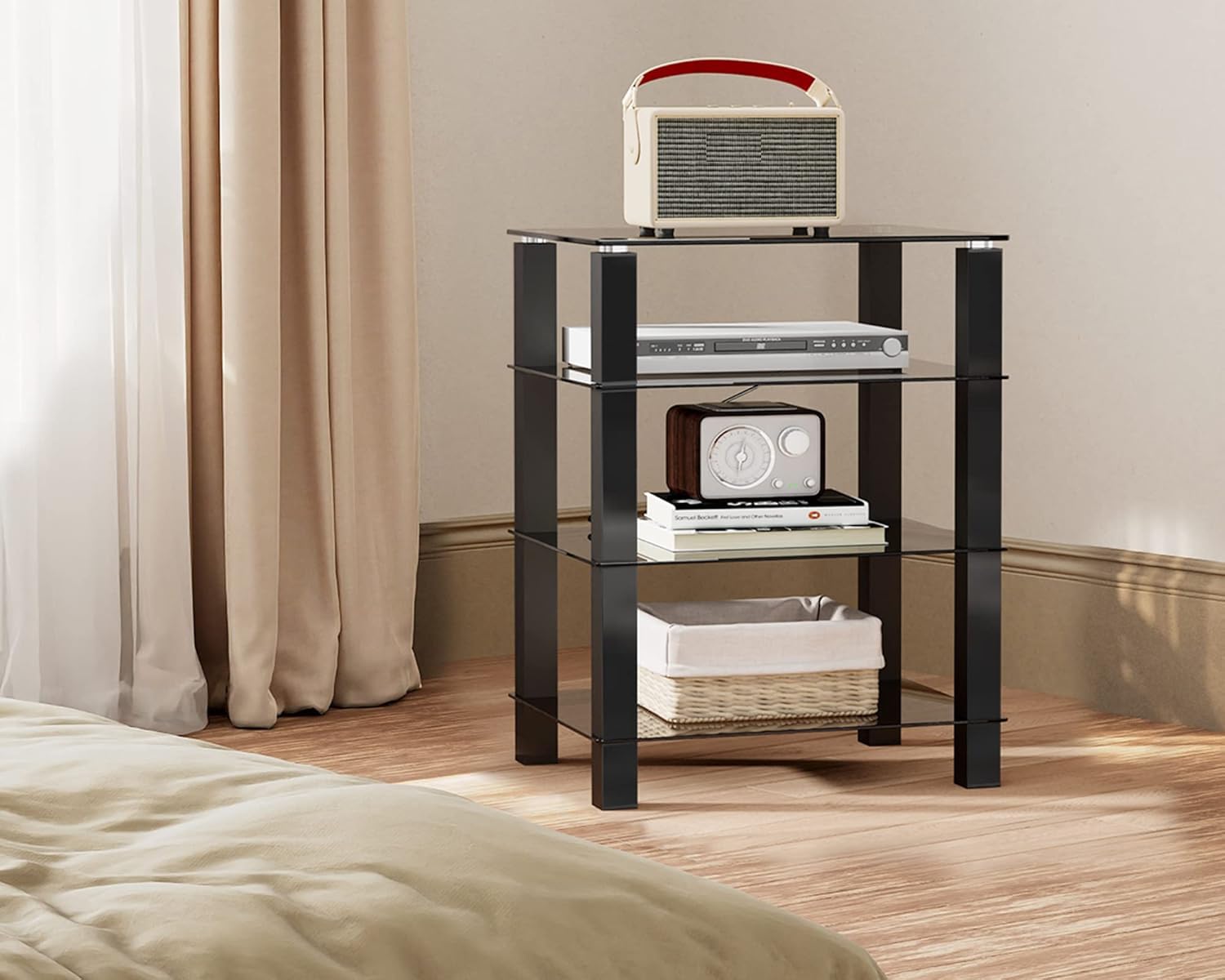 FITUEYES Supporto HIFI con 4 Ripiani in Vetro Nero, Rack HiFi ad Altezza Regolabile, Mobile Giradischi 60 × 46 × 77 cm, Carico 40 kg, per Amplificatore/Giradischi
