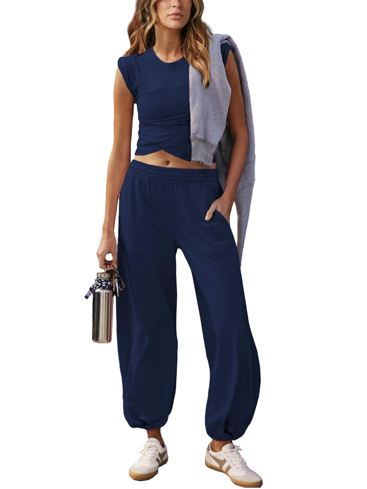 Outfeel Women 2 Piece Outfit Set Loungewear Cropped Tops and Jogger Sweatpant Matching Set Coordinated Sweatsuit with Pockets