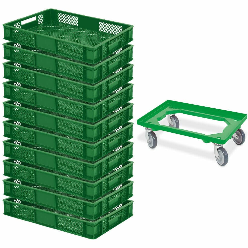 BRB 10 contenedores europeos, 600 x 400 x 90 mm, calidad industrial, apto para alimentos, incluye 1 rodillo de transporte, color verde