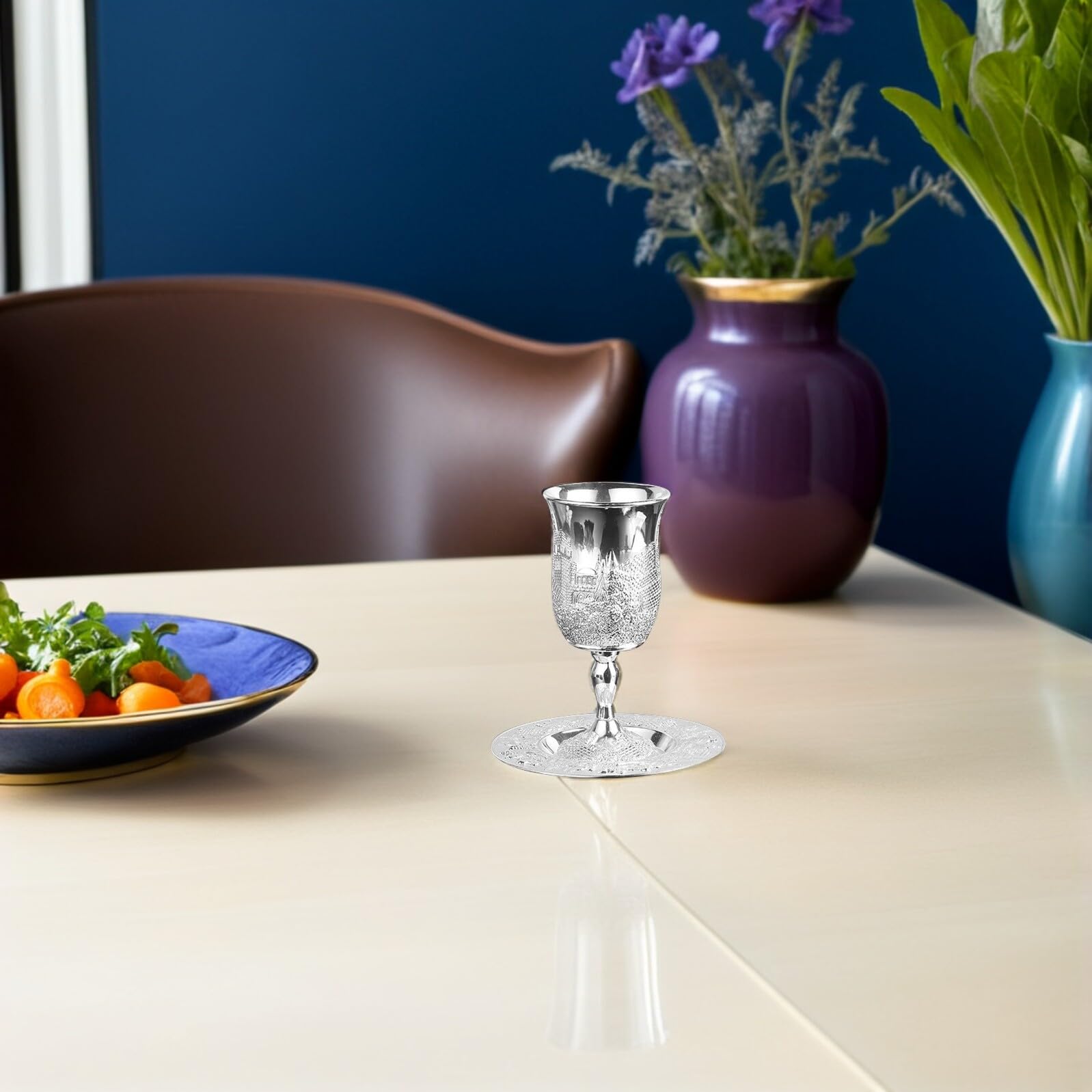 SOLUSTRE Ensemble de Coupe en Alliage de Zinc Design Délicat et Élégant Kiddouch Argenté pour Célébration de Pâque et Dîner de Shabbos
