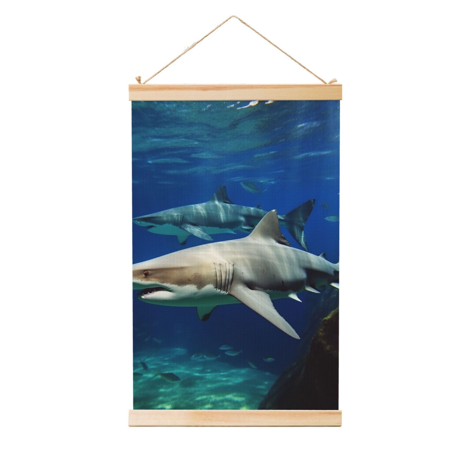 Two White Sharks Posters Wooden Shaft Hanging Poster Canvas Prints Scroll Wall Art Painting Vintage Wall Banner Modern Artwork Decor for Home Decor Ready to Hang 20"x30"