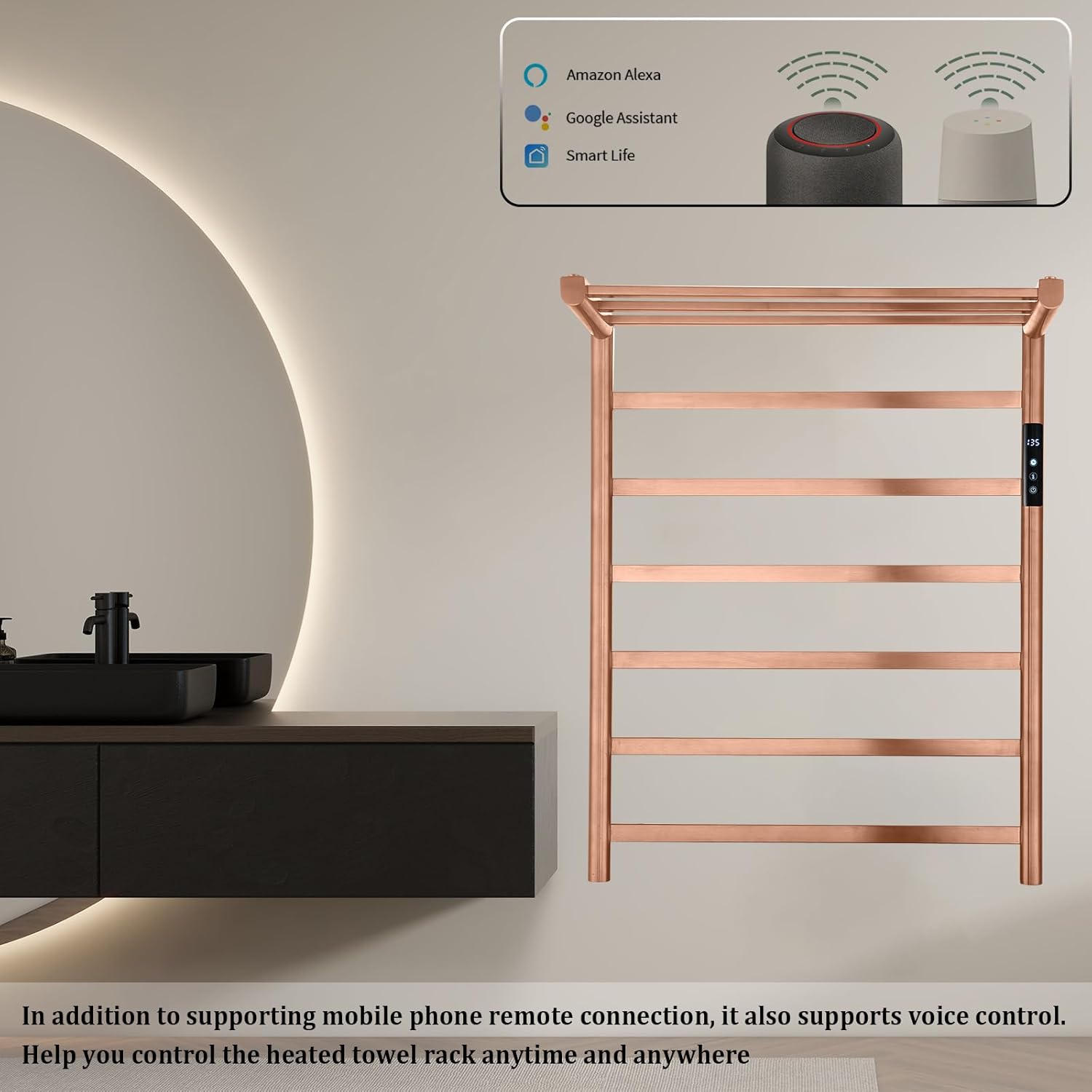 Smart WiFi Towel Warmer with Timer, Foldable Shelf, Smart Voice Control 33.66 * 19.68 Inch Heated Towel Rack 76 W 6 Bars Heated Towel Warmer Brushed Rose Gold Heated Towel Racks for Bathroom
