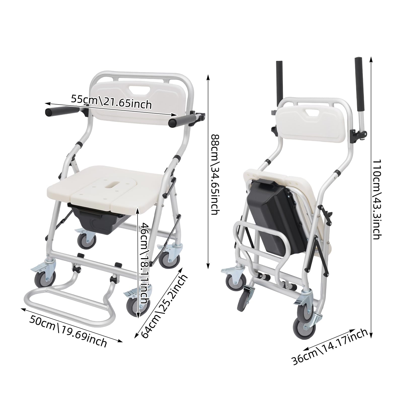 Taburete de ducha plegable con ruedas, silla de ruedas con accesorio de inodoro, 150 kg, soporta 4 ruedas con frenos, aleación de aluminio, impermeable, para personas mayores y con movilidad reducida