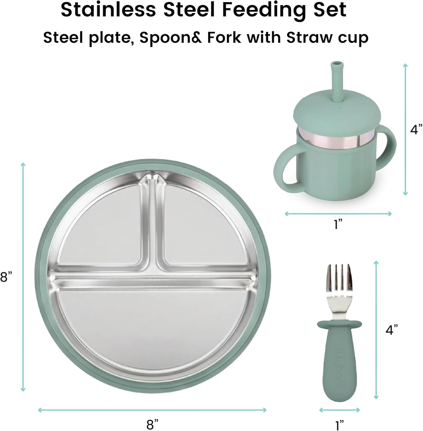 Lulyboo First Meal Set for Babies 6 Months+, Stainless Steel Divided Plate with Suction, Double-Insulated Sippy Cup with Straw & Silicone Lid, Ergonomic Toddler Utensils