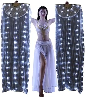 Women 1 Pair Hand Made Belly Dance LED Fan Veil 1.8M Long Bamboo Silk Fans (Pure white)