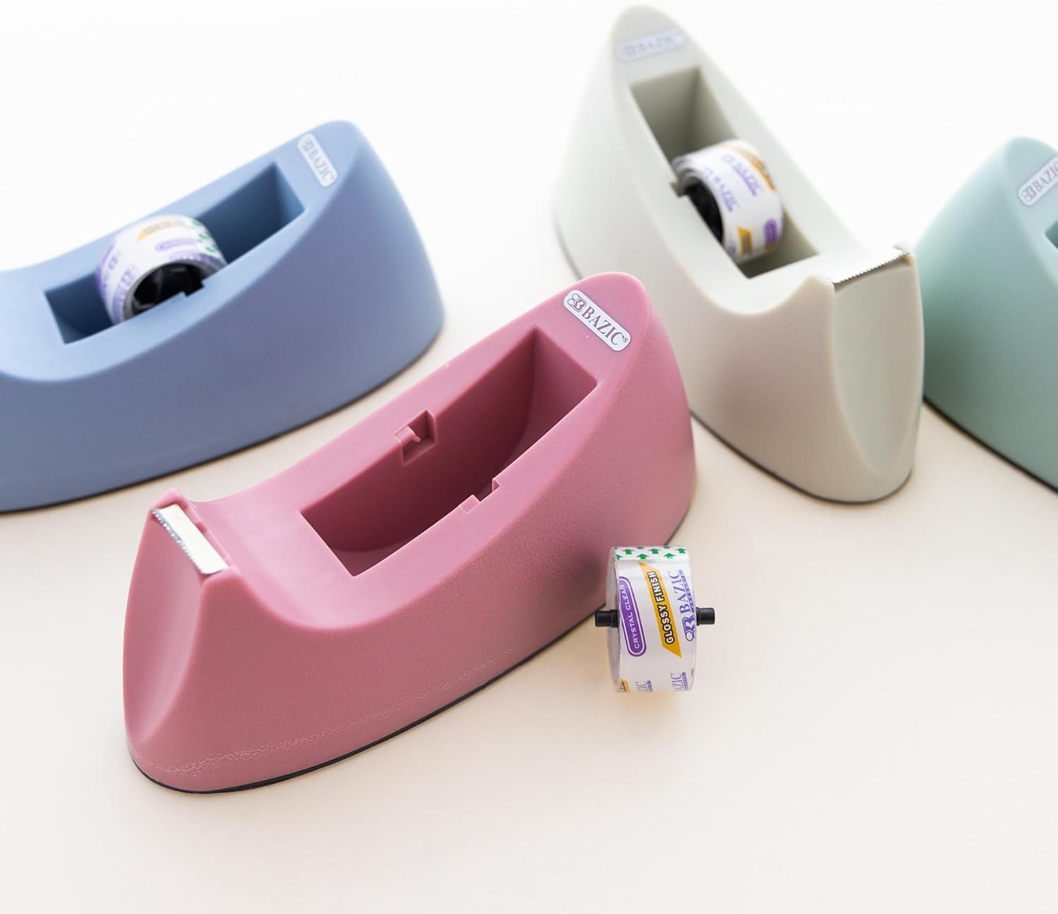 BAZIC Products Desktop Tape Dispenser w/Tape Refill 3/4" x 250", 1" Core Weighted Non-Skid Base, Sharpe Blade Tapes Holder, Assorted Color, 4-Pack
