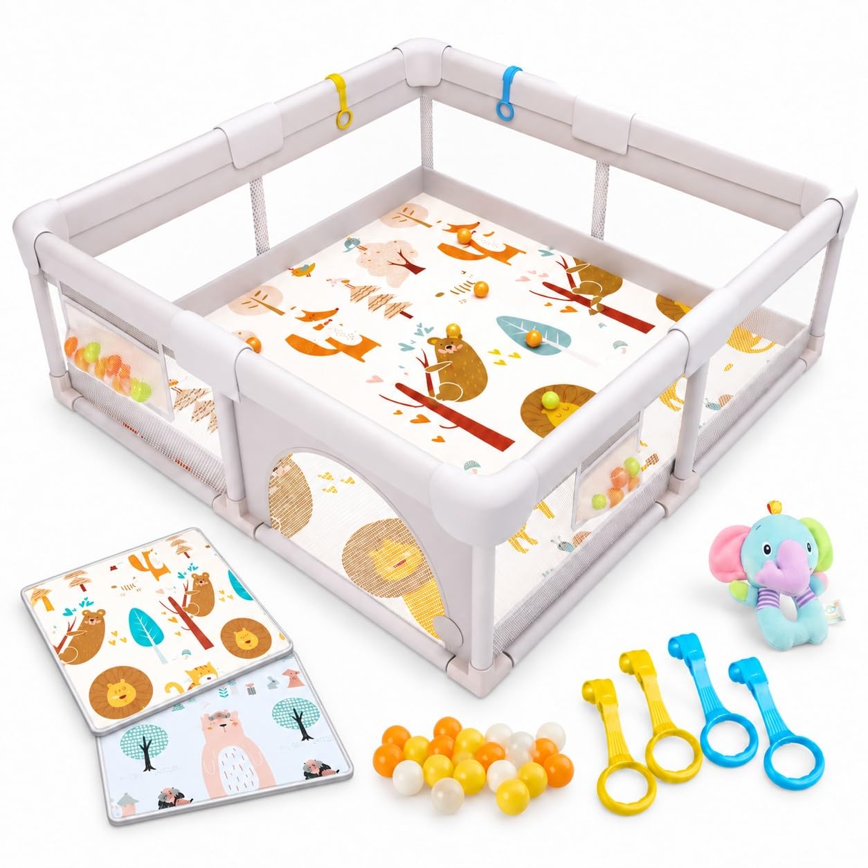 Parque Infantil Bebe, Corralito Bebe, 150x150cm, Parque Infantil Bebe Acolchado con Esterilla Acolchada Reversible, Malla Transpirable, Sonajero, Bolas para Jugar, Anillas de Tracción, Portable