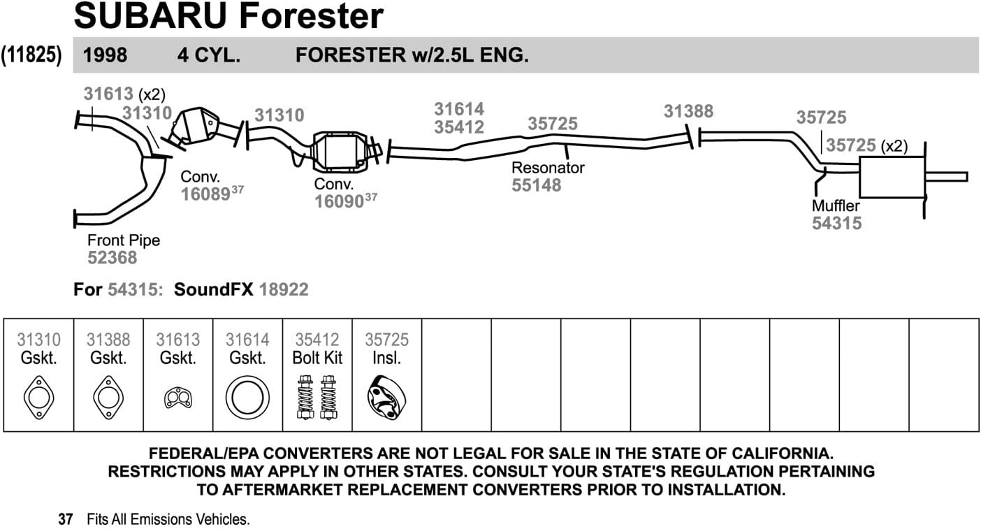 Walker 55148 Direct Fit Exhaust Resonator and Pipe Assembly for Subaru Forester