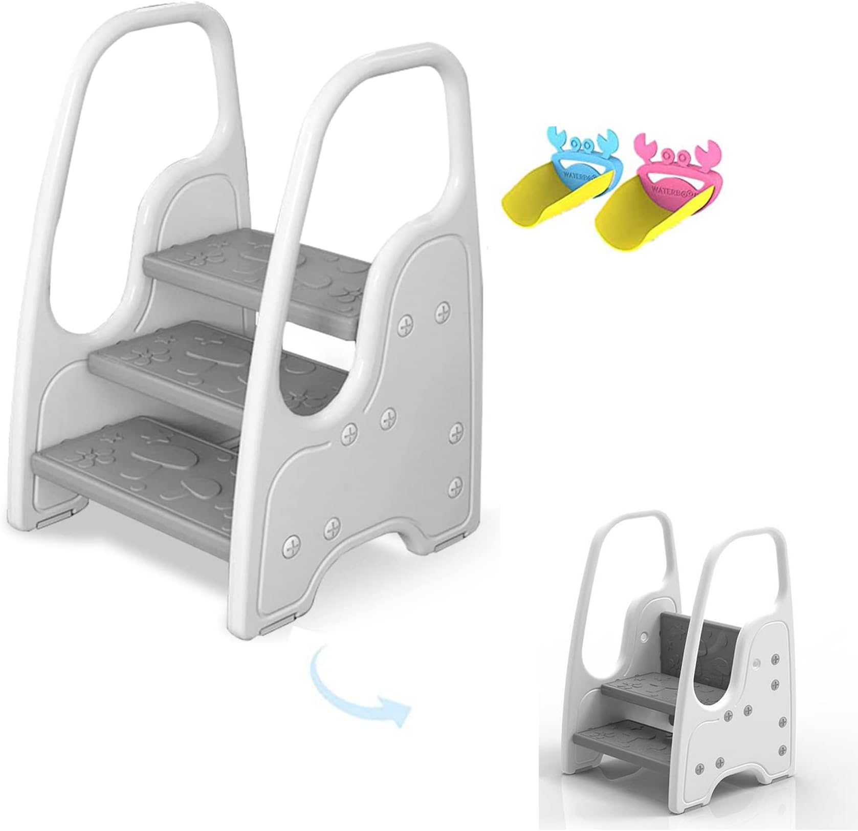 U-HOOME Kids Step Stool Toddler Step Stool for Kids Toddlers Two Step Standing Tower for Bathroom Sink Kitchen Counter Toilet Potty Stool Step Ladder Learning Helper with Handles Round Armrest (Grey)