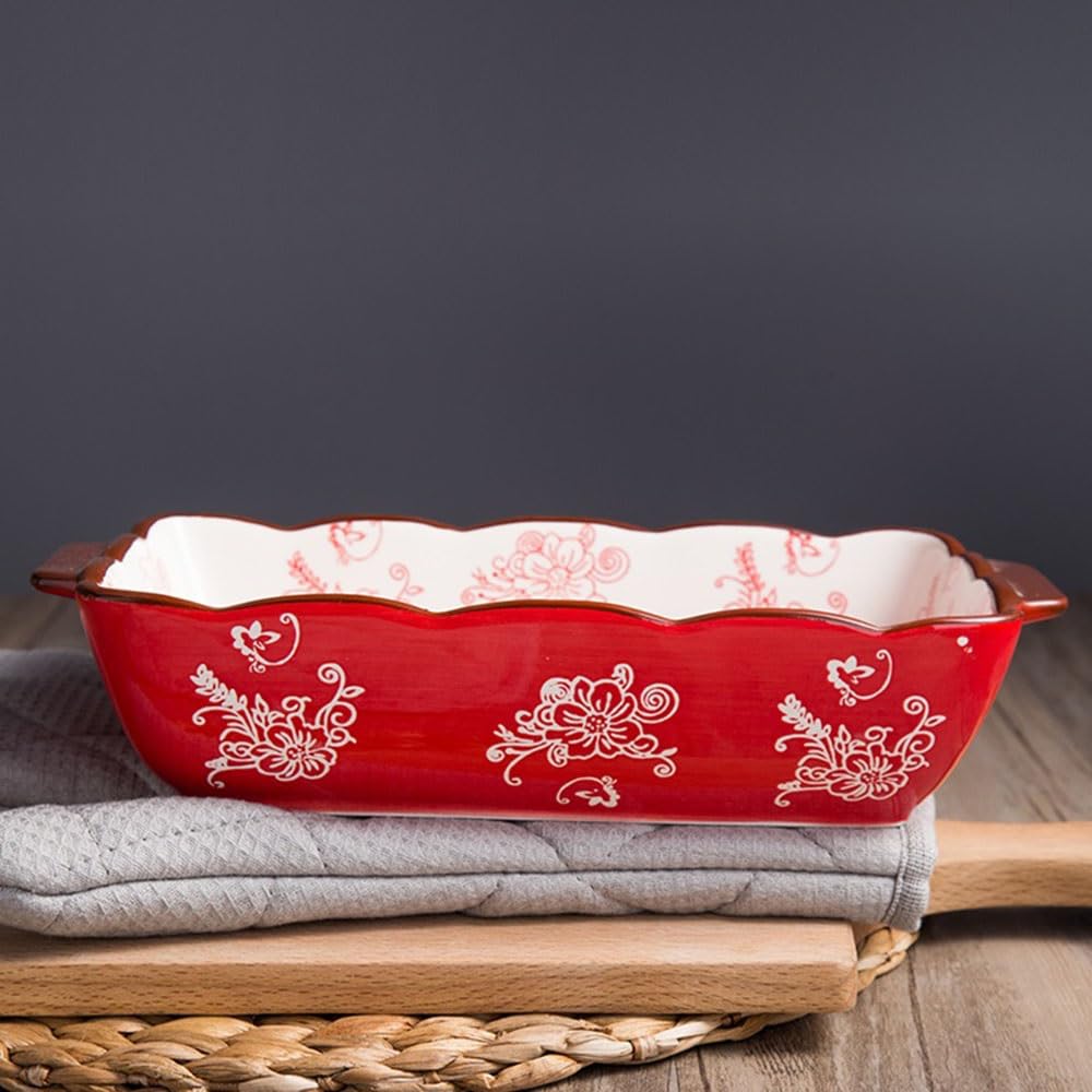 naczynie do pieczenia Czerwona wiśnia kwiatowa ceramiczna forma do pieczenia, prostokątna, dwuuchwytowa zastawa stołowa, naczynie zapiekania ryżu(Duży)