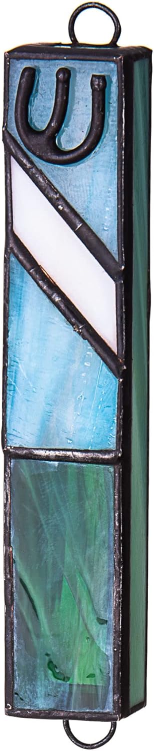 (D) Judaica Stained Glass Mezuzah for Door 6/8 x 4'' (Blue Oval)
