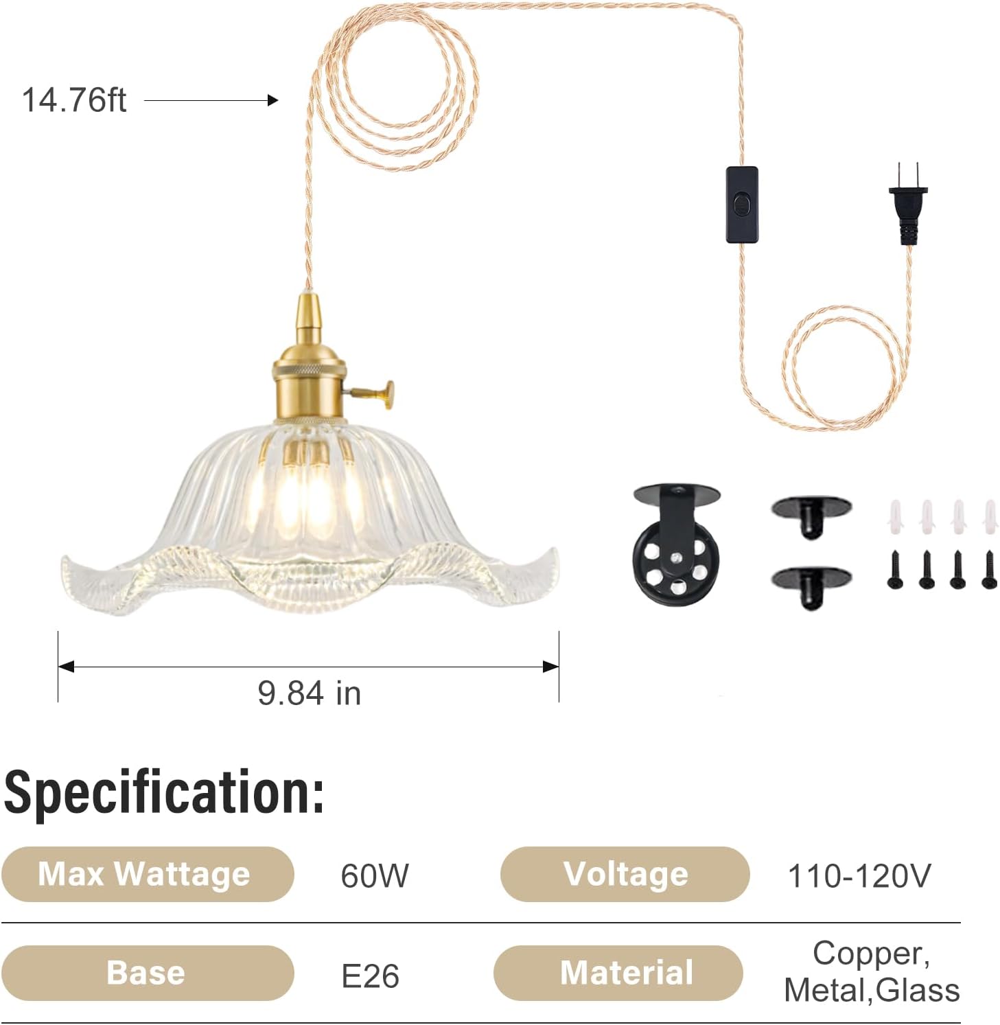 Plug in Pendant Light Vintage, Adjustable Pulley Hanging Lamp with Transparent Lily Glass Shade, Brass Hanging Lights with Plug in Cord for Kitchen, Compatible with Indoor Plant Grow Light Bulbs