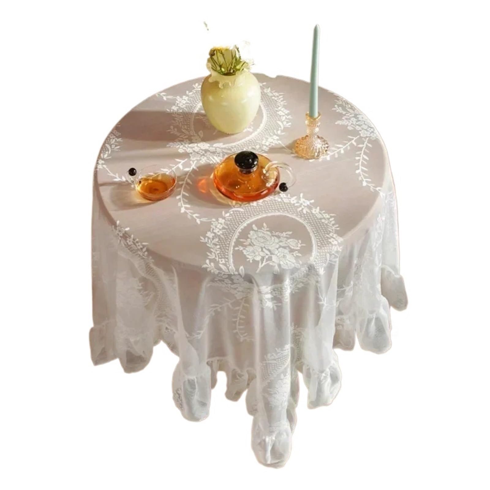 FOELANNE Embroidered Lace Tablecloth, Ruffle Tablecloth Elastic Edge Proof Fabric Multiple Sizes(Ruffled Edge,140x200cm)