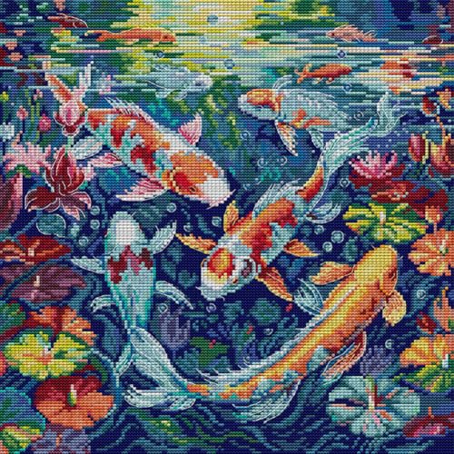 C'eitura DIY 14CT Koi Fish Stamped Cross Stitch Kits for Beginners or Adults Embroidery Starter Patterns | DIY Printed Cross Stitch Kits Needlepoint for Adults 14.17 * 14.57in