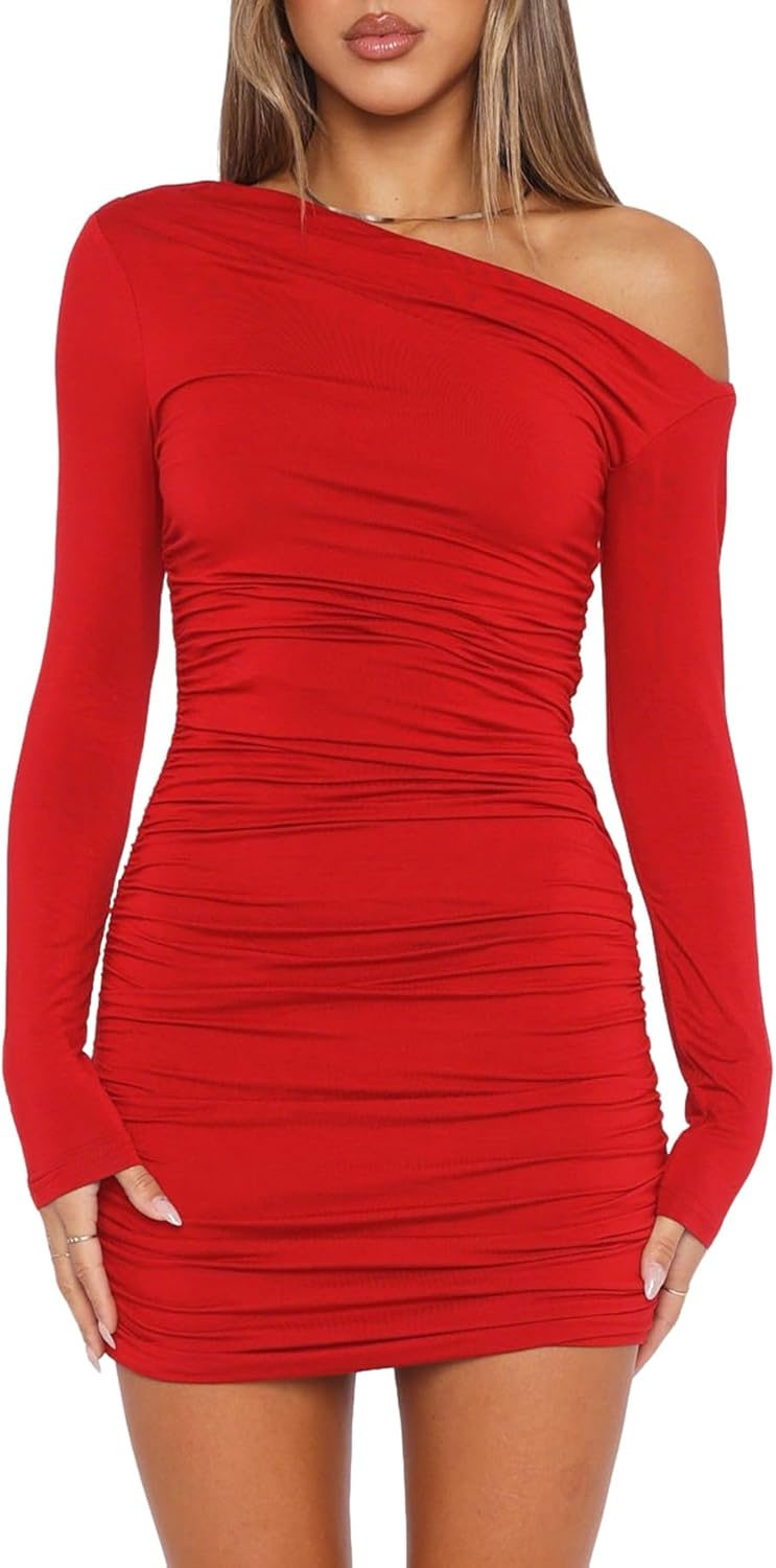 Women's Off The Shoulder Sexy Bodycon Long Sleeve Ruched Party Club Mini Dress - Image 5
