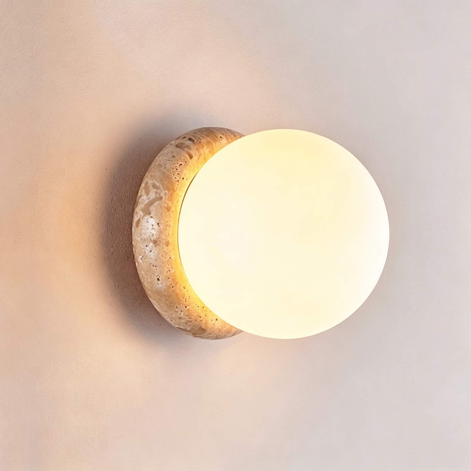 USMJQVZ Yellow Travertine Wall Sconce Natural Retro Stone Wall Sconces with Round Glass Lampshade Japanese Style Wabi Sabi Travertine Lighting for Bedside Bedroom Living Room