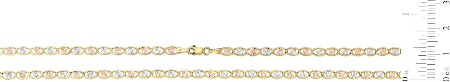 Floreo 10k Tri-Color Gold 3.5mm Valentino Heart Link Chain Bracelet or Anklet