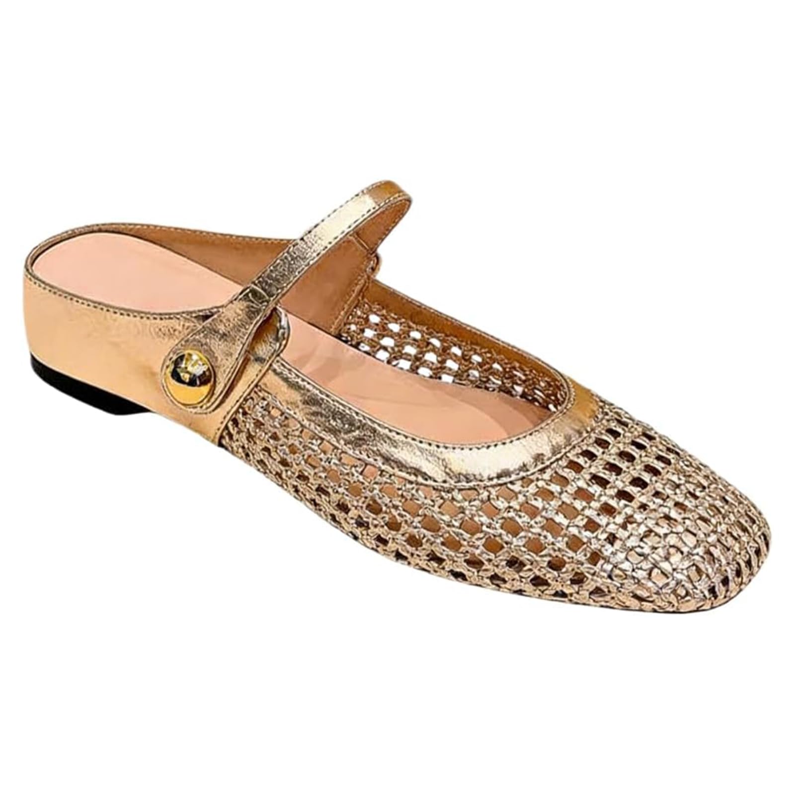 Sandali Mary Jane da donna in tessuto con punta quadrata traforati e schiena scoperta, chiusura Mary Jane, casual, comode, morbide, retrò, punta chiusa, pantofole