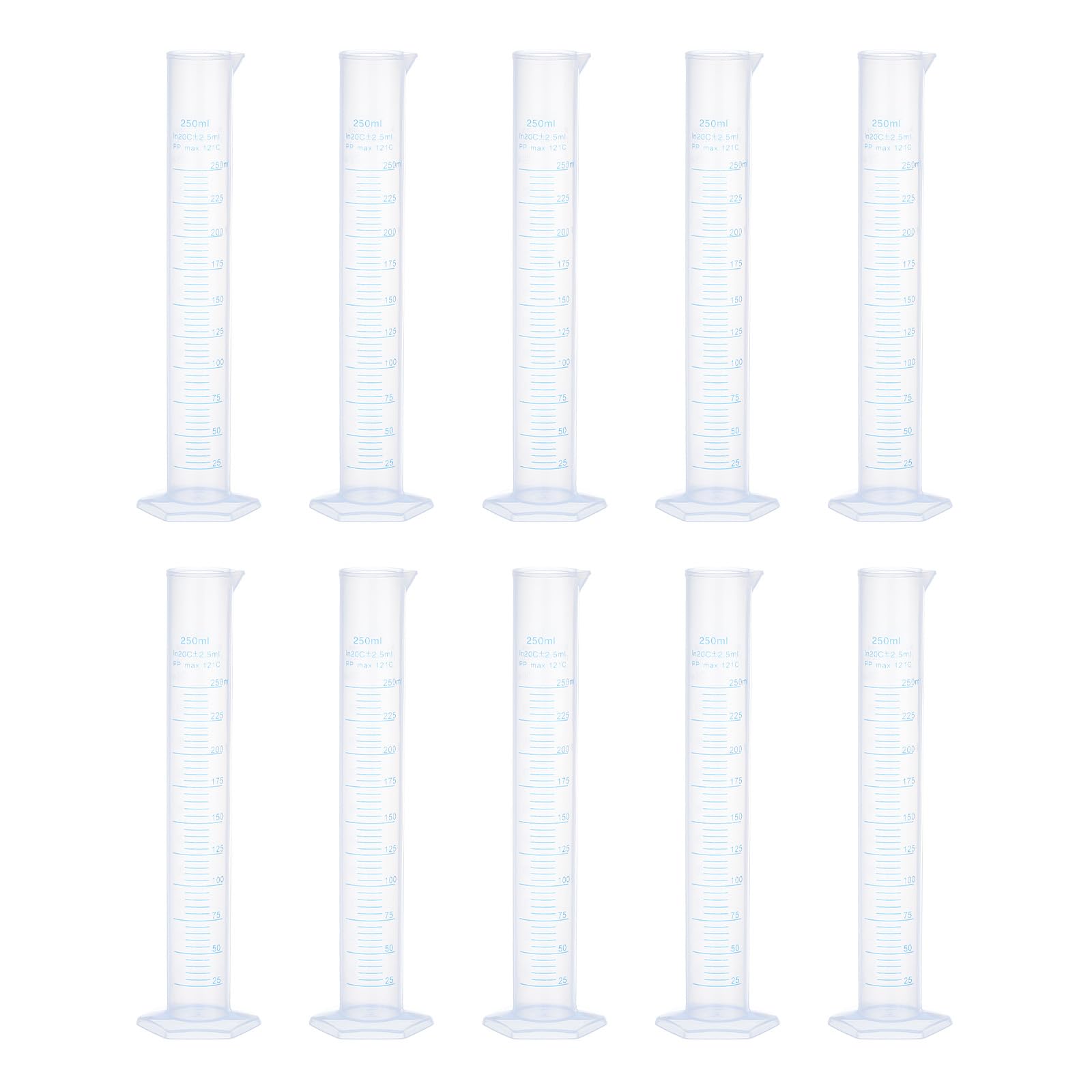 QUARKZMAN Cilindro Graduato in Plastica, Cilindro di Misurazione 250 ml, Becher per Tubi di Prova, Marcatura Metrica 2 Lati, Base Esagonale Trasparente per Laboratorio Casa 10pz