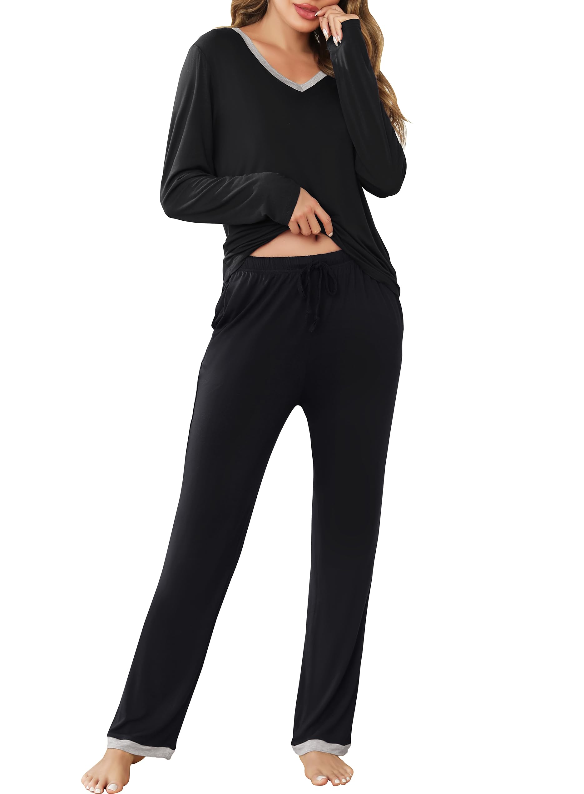 Lovasy Pigiama Donna Manica Lunga Pantaloni Lunghi Casual Scollo a V Top con Motivo a Pois Carino con Tasca Due Pezzi
