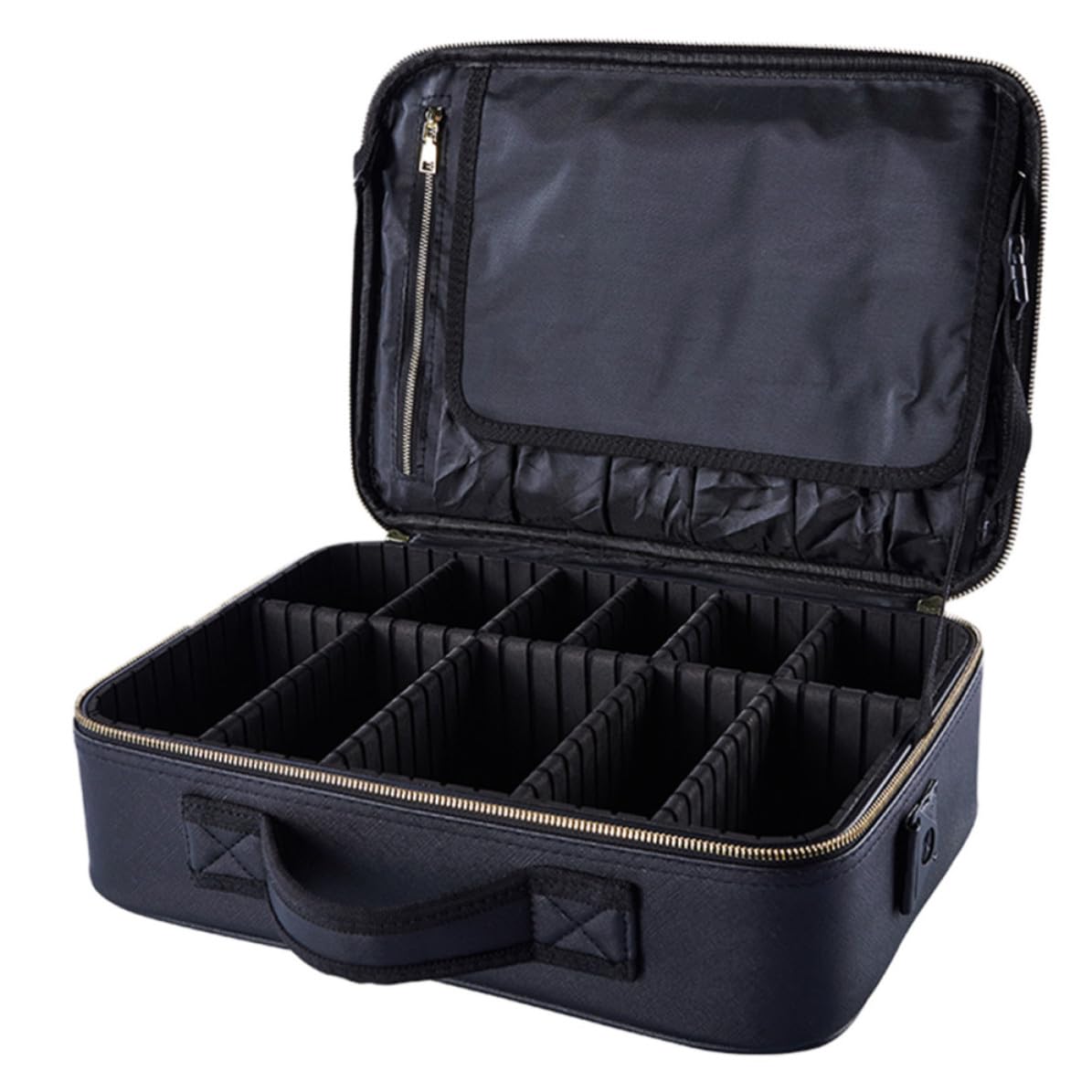 Borsa Cosmetica Portatile Manico, Tessuto Oxford Nero, a Griglie