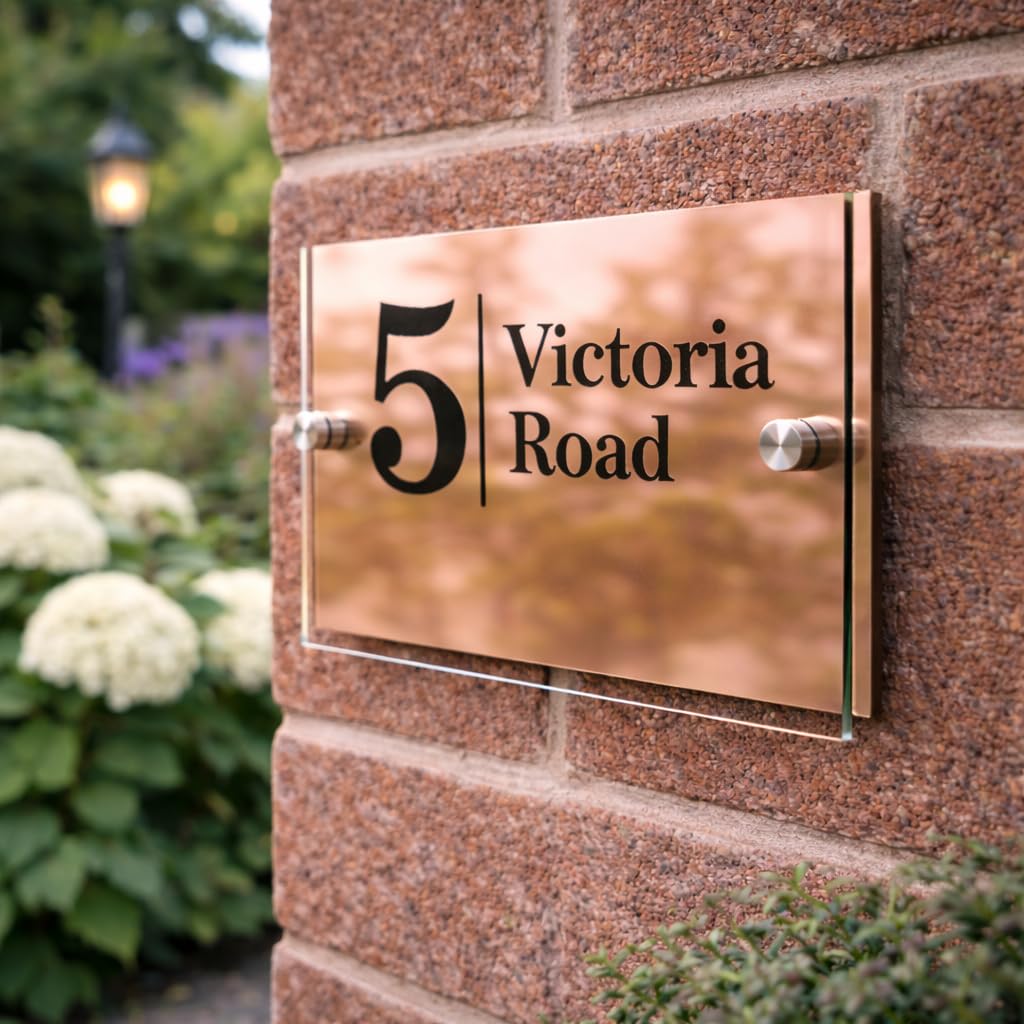 Personalised House Numbers Plaques by Blitz Craft | Glass Effect Acrylic and Rose Gold Mirrored Finish | Custom Address Text with Door Numbers for Outside, Weatherproof Design with Fixings (200x130mm)