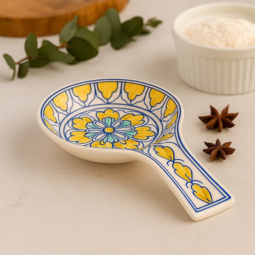KITTENS Sunflower Azure Handpainted Ceramic Spoon Rest – Yellow & Blue Floral Design – Handcrafted in India – Scratch Resistant, Food Grade, Microwave & Dishwasher Safe – Christmas & New Year Gift