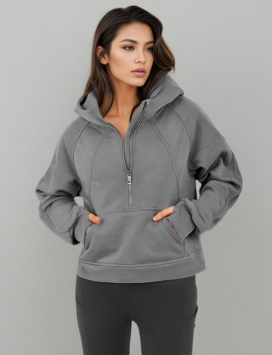GIVON Womens Cropped Fleece-Lined Hoodie Quarter-Zip Pullover Sweatshirt with Thumb Hole - Image 8