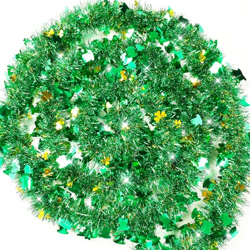 Image of 33 FT St Patricks Day Garland with Gold Green Shamrock Hat Tinsel Garland,Shiny Metallic Garlands St Patricks Day Decor for Home Indoor Outdoor St Patricks Party Supplies